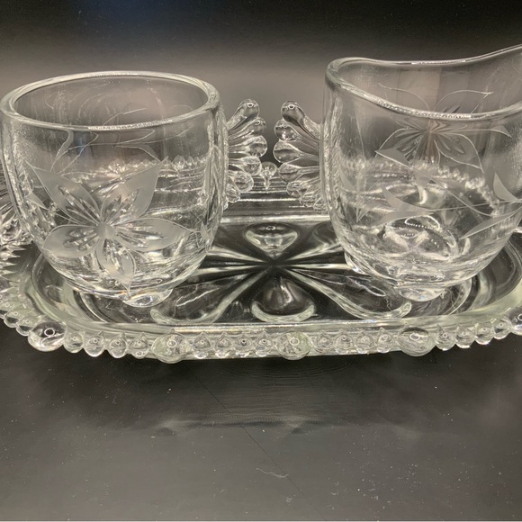 Paden City Crystal open sugar creamer underplate etch floral antique clear glass - Picture 4 of 6